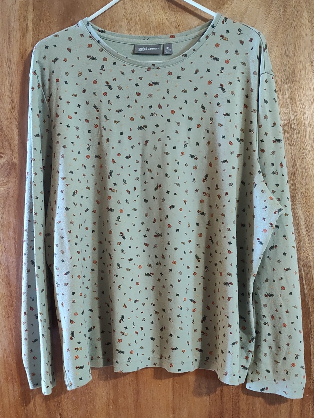 Croft & Barrow Womens Long Sleeve Tee Ditsy Autumn Leaves Moss Green Cotton 3X
